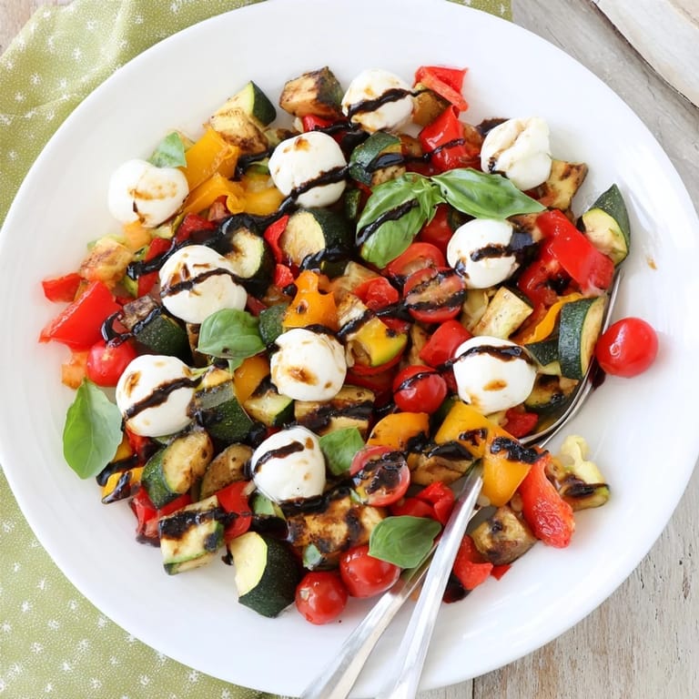 This colorful Roasted Veggie Caprese Salad is served on a platter, perfect as a light vegetarian lunch or a healthy gluten-free side dish.