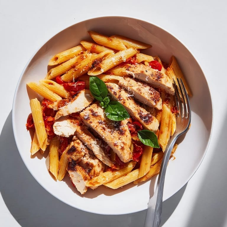 Italian-American spicy tomato chicken pasta served with a glass of white wine, perfect for an easy, high-protein weeknight dinner.