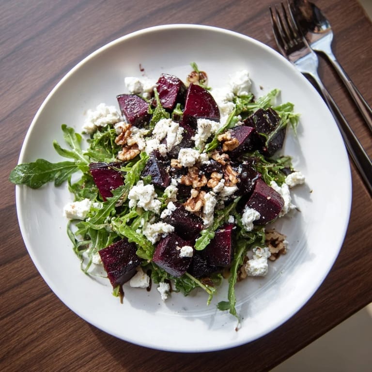 Roasted Beet Goat Cheese Salad with roasted beet wedges, creamy goat cheese, walnuts, and arugula on slate.
