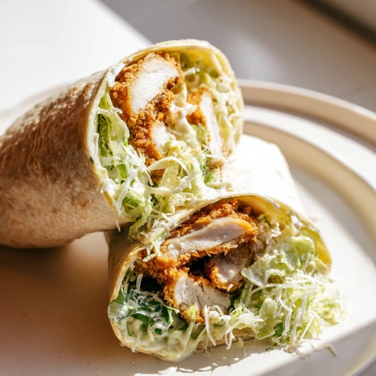 Freshly assembled Crispy Chicken Caesar Wrap with golden fried chicken, chopped romaine, and a generous drizzle of homemade Caesar dressing.