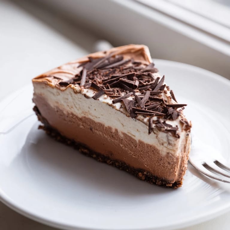 The whole Lighter Chocolate Cottage Cheese Cheesecake in a springform pan, garnished with dark chocolate shavings and a dollop of Greek yogurt.  