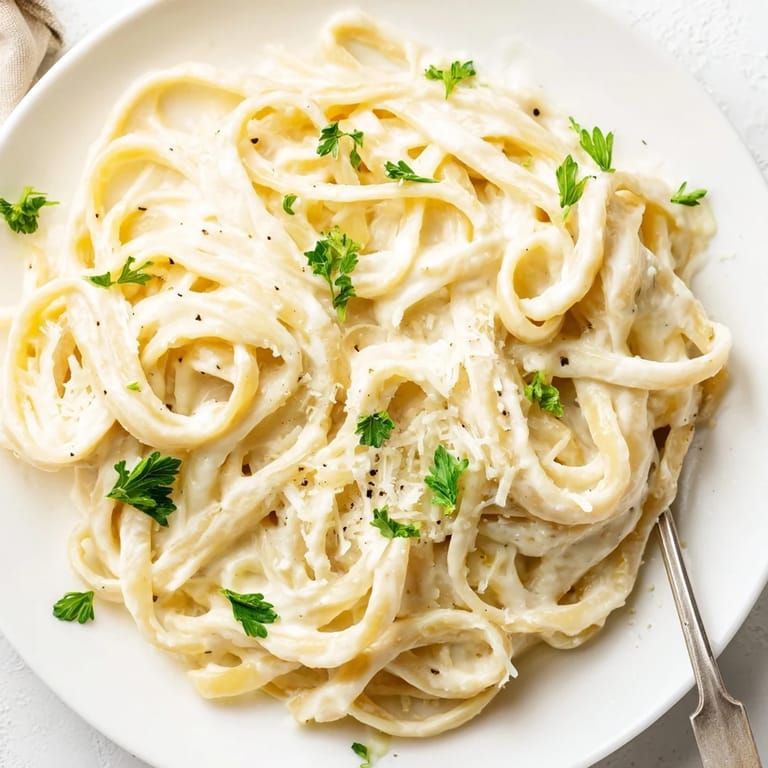 A bowl of Easy Creamy Cauliflower Alfredo shows velvety sauce clinging to fettuccine, with steam rising.