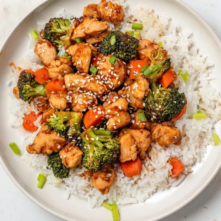 A rustic skillet presentation of One Pan Honey Garlic Chicken Broccoli Rice garnished with green onions and sesame seeds, perfect for an easy weeknight meal.