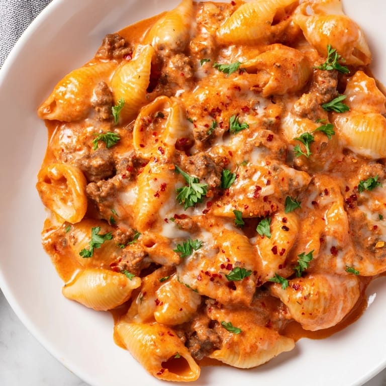 Hearty one pot creamy beef and shells meal served hot, with melted cheddar, Parmesan, and a simple green salad on the side.