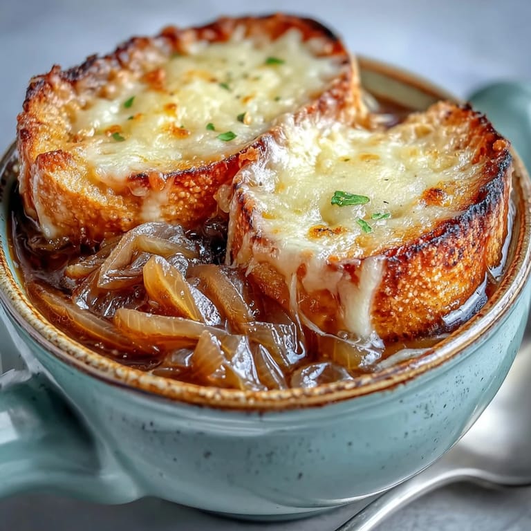 Deeply caramelized onions in Classic French Onion Soup topped with crusty bread and golden Gruyère under the broiler.