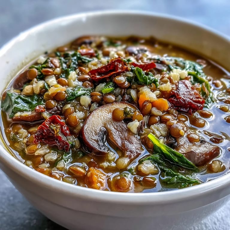 Ladle of hearty Double Lentil and Mushroom Barley Soup with collard greens.