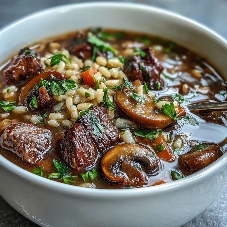 Steaming pot of homemade Beef and Barley Soup with Mushrooms, rich broth with carrots and celery in a Dutch oven.