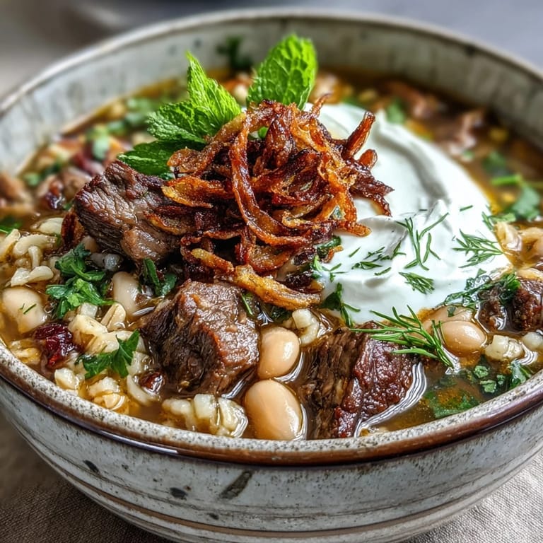 Beef Barley Soup served hot with crusty bread, featuring tender beef, barley, lentils, and fresh herbs.