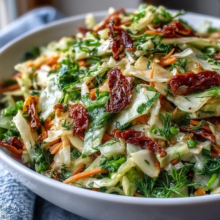 Cabbage Salad With Sundried Tomatoes served on a plate, showing julienned carrots and chopped chives with a drizzled dressing.