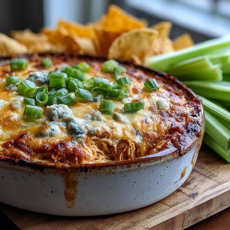Hot, creamy Buffalo Chicken Dip garnished with fresh green onions, alongside carrot sticks and sturdy crackers for scooping.