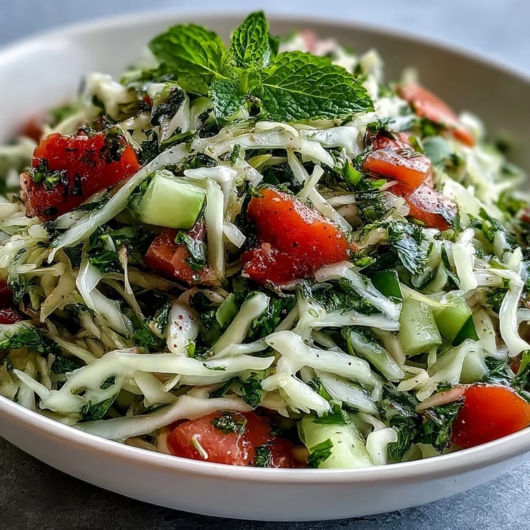 Bright bowl of Lebanese Cabbage Salad topped with fresh herbs and green onions, served on a white plate with pita bread alongside for a light, refreshing meal.