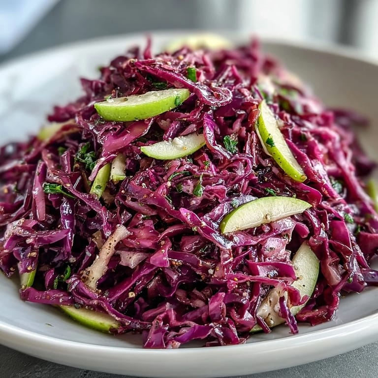 A vibrant bowl of Red Cabbage Coleslaw with Apple and Parmesan, tossed in a tangy vinaigrette.