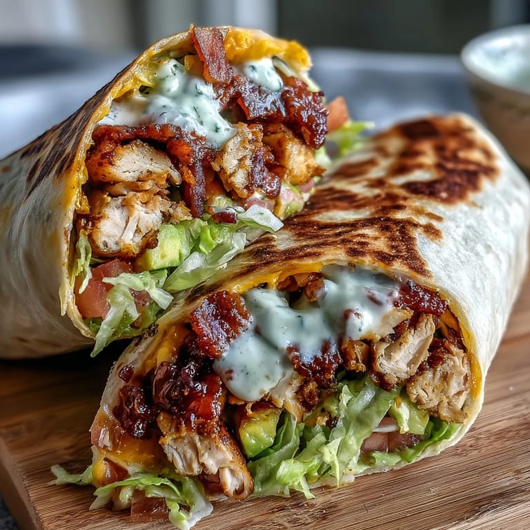 Freshly assembled Crispy Chicken Bacon Wrap with avocado, cheddar, and crispy bacon on a toasted tortilla.