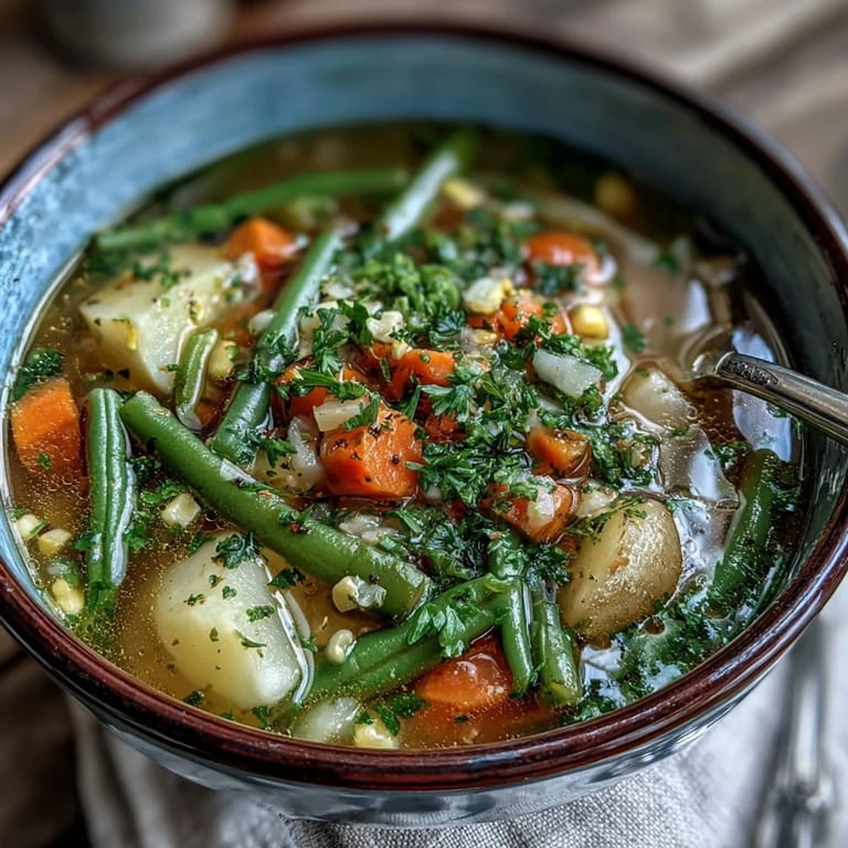 A comforting Amish Snow Day Soup garnished with parsley and paired with crusty bread for dipping.