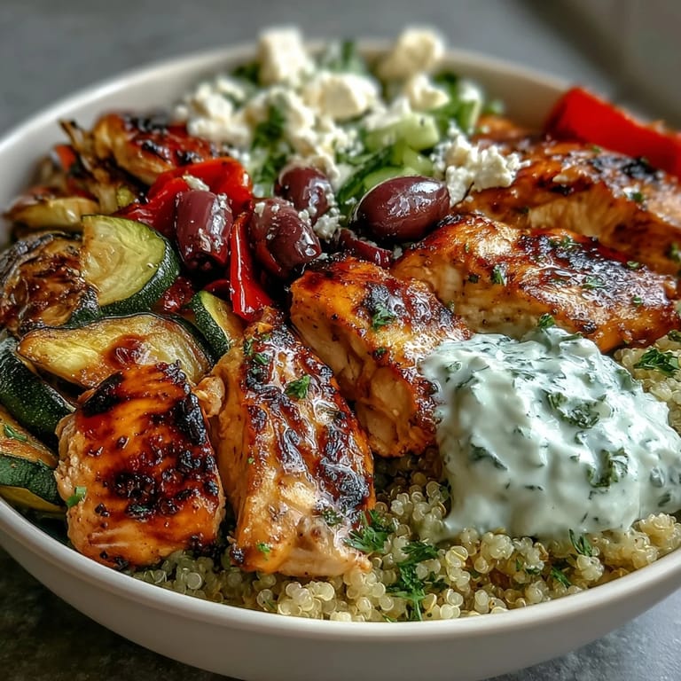 Vibrant grilled Mediterranean bowl with golden halloumi, roasted eggplant and zucchini, topped with briny olives, feta, and fresh parsley.