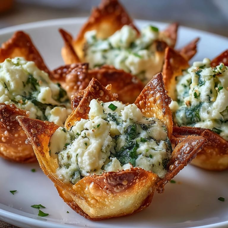 Two Mediterranean spinach and feta crisps on a white plate, one split to show filling. 