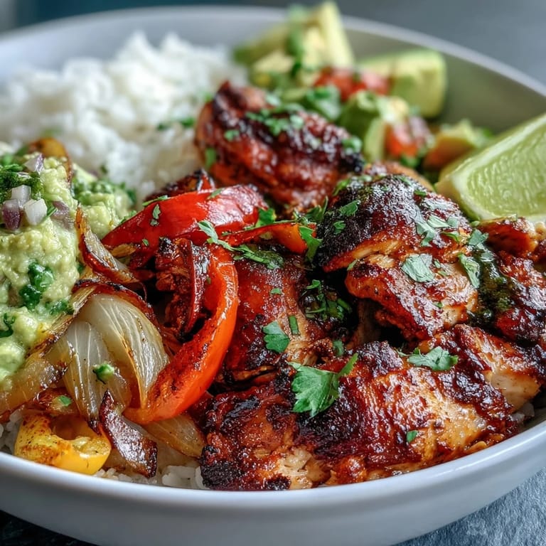 Sizzling roasted vegetables and tender chicken for a Sheet Pan Chicken Tinga Bowl arranged on a baking sheet, ready to be served with zesty lime wedges and fresh cilantro.