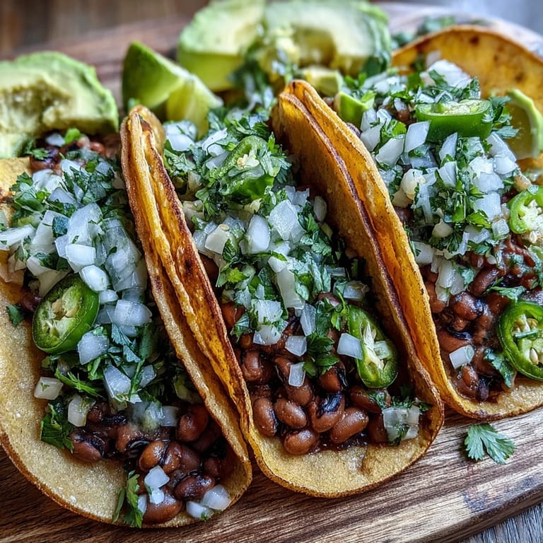 Close-up of Black-Eyed Pea Tacos filled with spiced mash, topped with cilantro and onions, paired with lime wedges for zest.