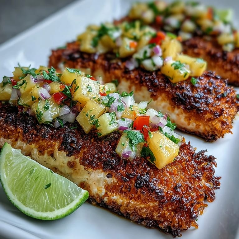 Close-up of crispy coconut crusted salmon fillet next to a colorful bowl of pineapple salsa and fresh cilantro.
