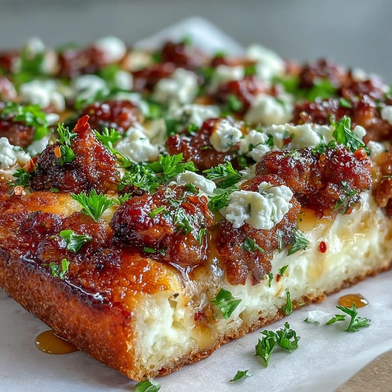 A Close-up of fresh herbs garnishing a Hot Sausage Feta Honey Pizza, showcasing rich feta crumbles and a sweet-hot honey glaze.