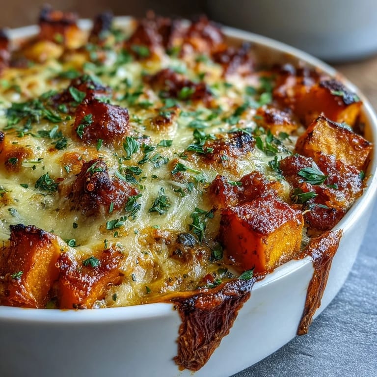 Savory Italian sausage and roasted butternut squash combined with quinoa in a cheesy casserole dish.