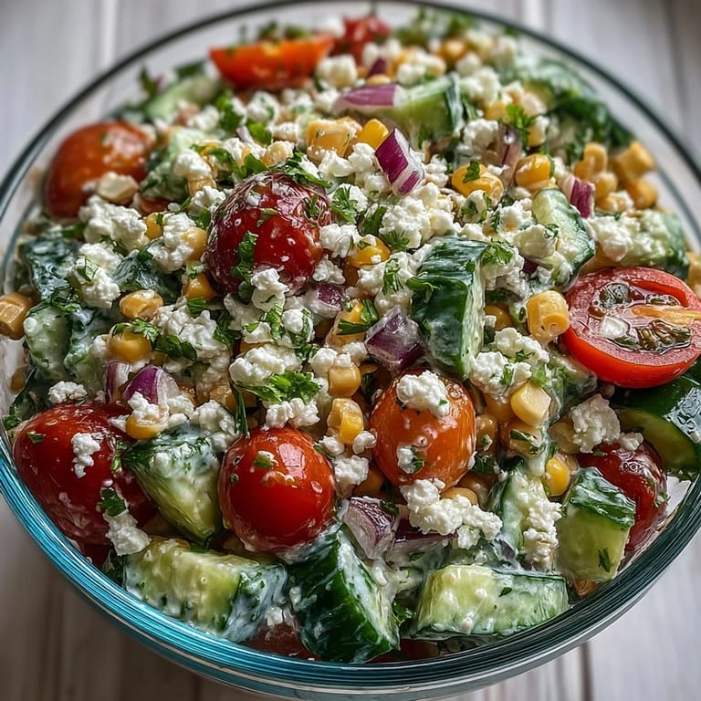 Chilled Street Corn Creamy Cucumber Salad topped with crumbled feta, fresh cilantro, and a dusting of chili powder.