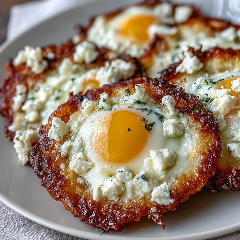 Close-up of Crispy Feta Fried Eggs with red pepper flakes and fresh herbs on a plate.