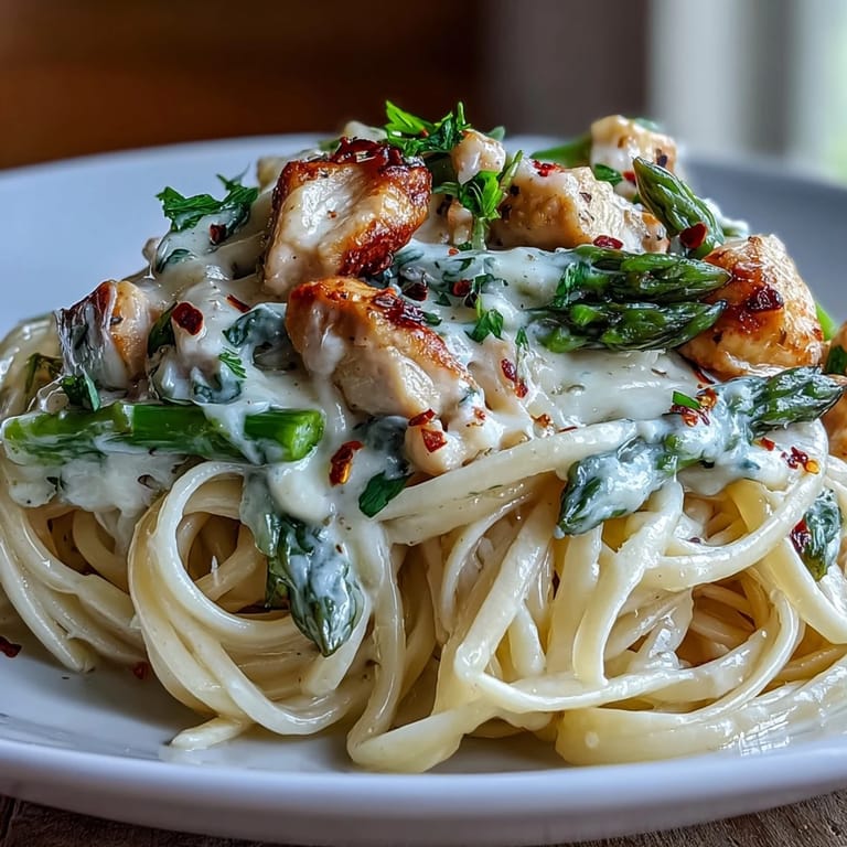 Sizzling skillet of Creamy Asiago Chicken & Asparagus Pasta, garnished with fresh parsley and a lemon wedge for brightness.