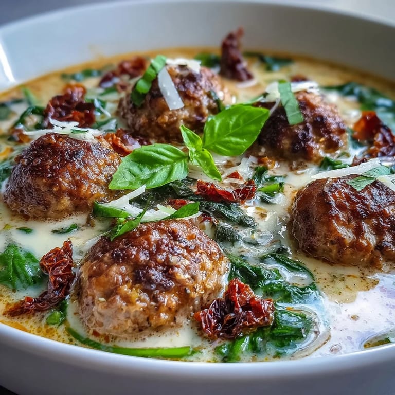 Close-up of Creamy Tuscan Turkey Meatball Soup with golden-brown turkey meatballs nestled in a rich, creamy broth alongside vibrant spinach and tomatoes.