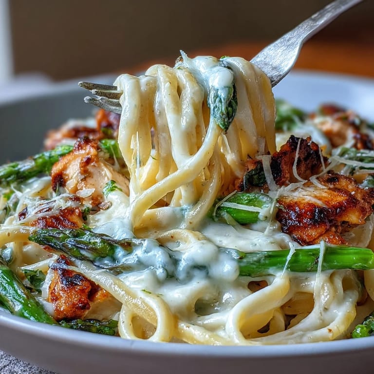 Linguine noodles coated in a luscious white cream sauce with tender chicken and roasted asparagus spears. 