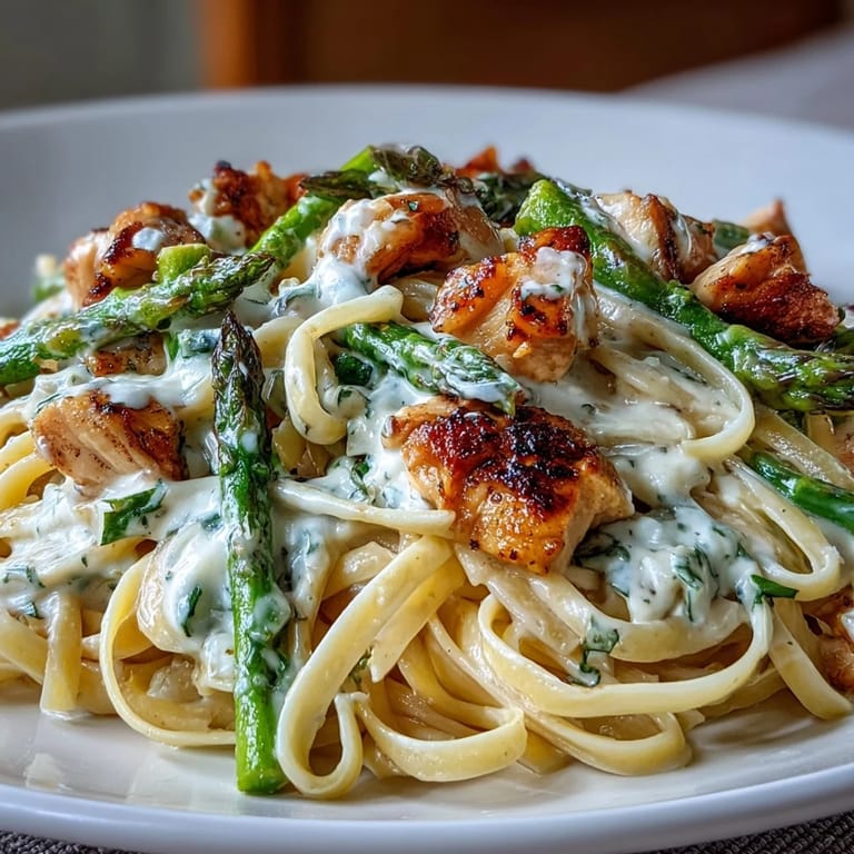 A rustic wooden table holds Creamy Asiago Chicken & Asparagus Pasta garnished with fresh parsley and cheese.