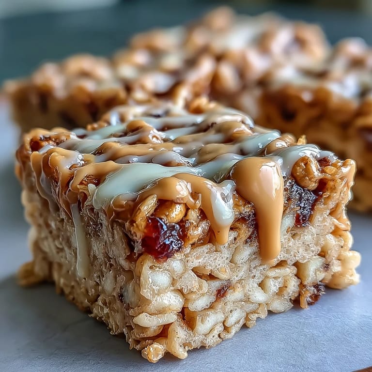 A bite-sized piece of High-Protein PB&J Rice Krispie Bars is lifted on a fork, revealing a chewy marshmallow center.