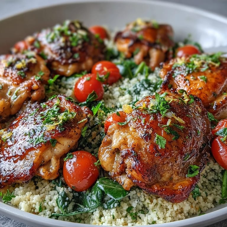 Close-up of One-Pan Garlic Butter Chicken Couscous with spinach and cherry tomatoes, garnished with parsley.