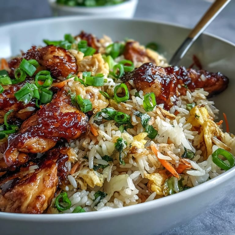 A close-up of a wok showing Egg Roll Fried Rice with Chicken, garnished with green onions and a drizzle of sriracha. 