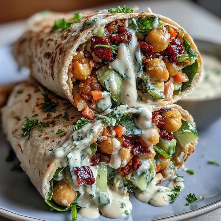 Four Vegan Lemon Tahini Chickpea Wraps plated with lemon wedges and salad greens, ready for a quick, healthy lunch.