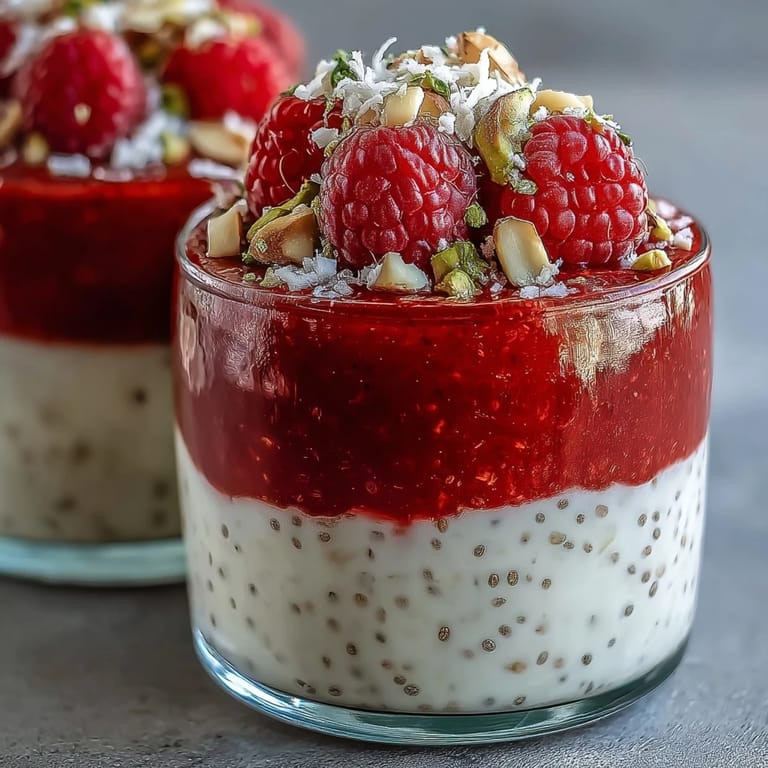 Healthy Vegan Raspberry Coconut Chia Parfaits garnished with mint leaves, perfect for a refreshing breakfast or dessert.