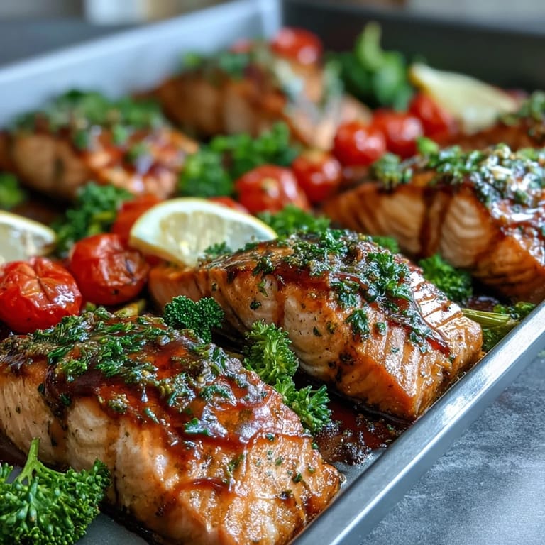 Flaky Sheet Pan Dijon Salmon with Roasted Vegetables served beside lemon wedges and parsley.