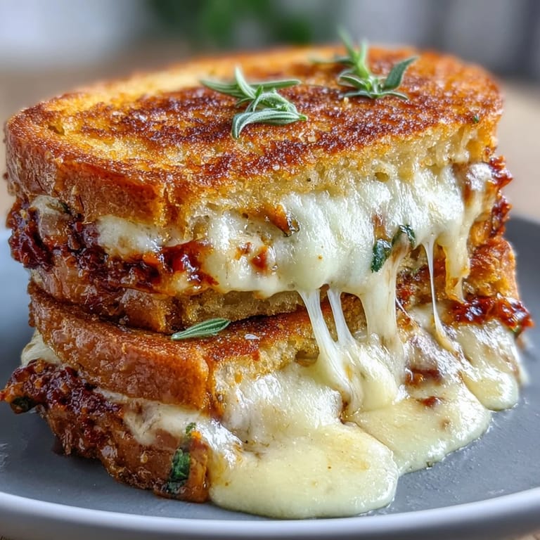 Crispy sourdough bread layered with sun-dried tomato pesto and gooey mozzarella, grilled to perfection for a savory lunch.