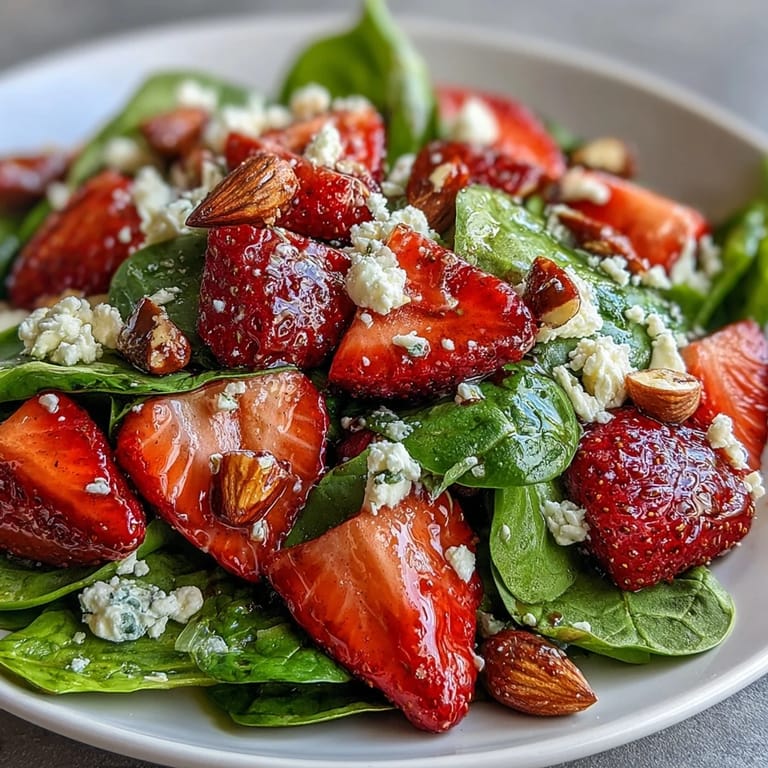 A close-up of strawberry spinach salad topped with crumbled feta and crunchy toasted almonds, drizzled with balsamic honey dressing.