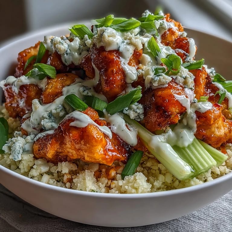 Spicy buffalo chicken served over tender cauliflower rice with fresh celery, carrots, and tangy ranch dressing for a satisfying keto dinner.  