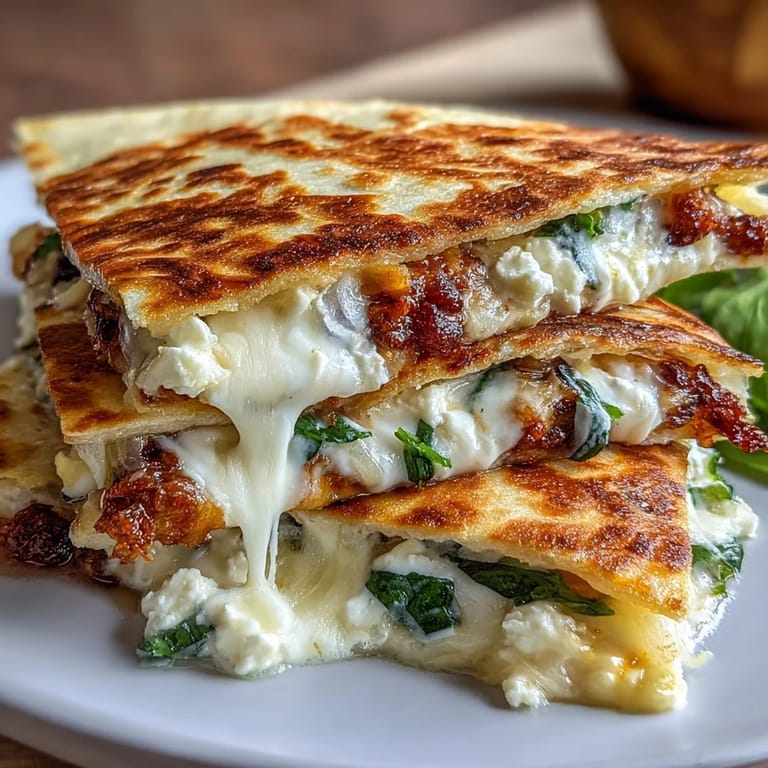 Crispy Mediterranean-style quesadillas loaded with wilted spinach, tangy feta, and aromatic garlic, served warm and inviting.