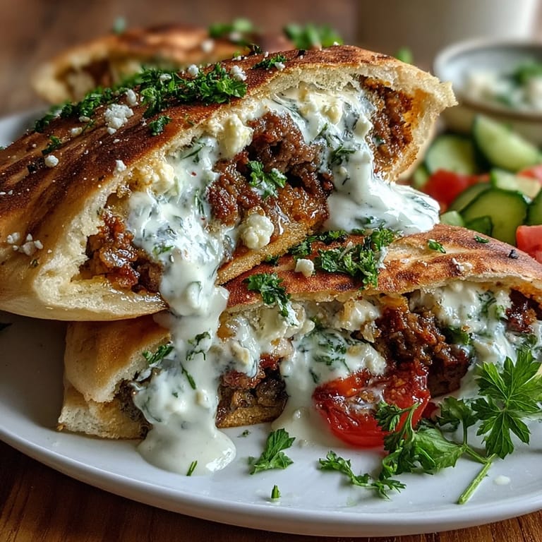 Warm pita pockets bursting with seasoned ground beef, fresh veggies, crumbled feta, and zesty lemon-yogurt drizzle for vibrant flavor.