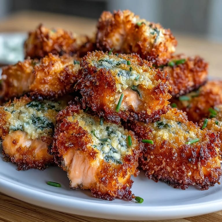 Savory salmon bites crusted in panko breadcrumbs and herbs, ideal for quick meals or party snacks.
