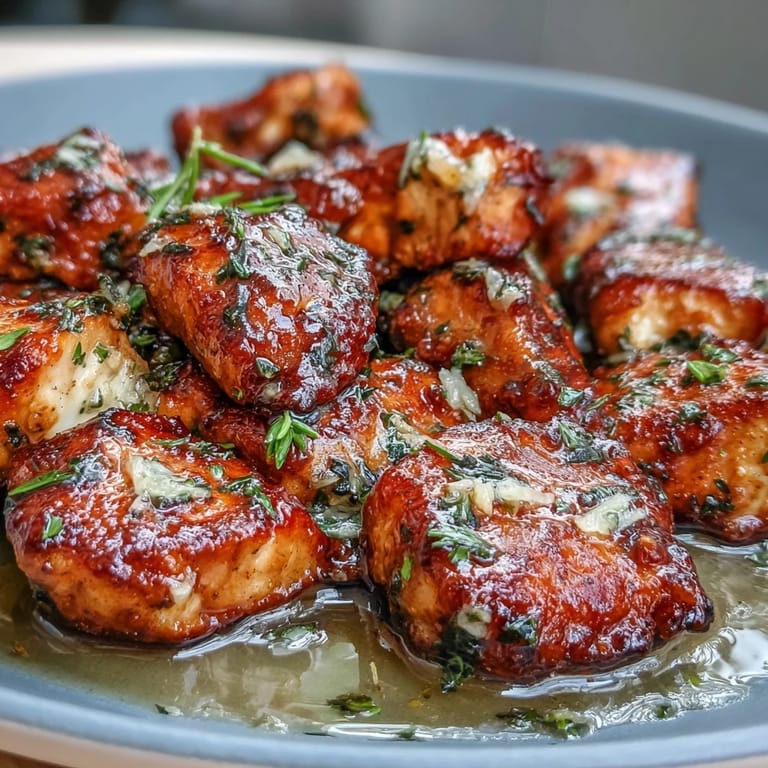 Tender chicken bites coated in rich cowboy butter sauce, garnished with fresh parsley and lemon zest.  