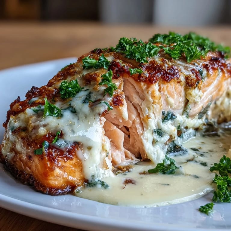 Tender salmon baked in a rich, tangy lemon butter sauce with cream cheese and Parmesan, perfect for weeknight meals.  