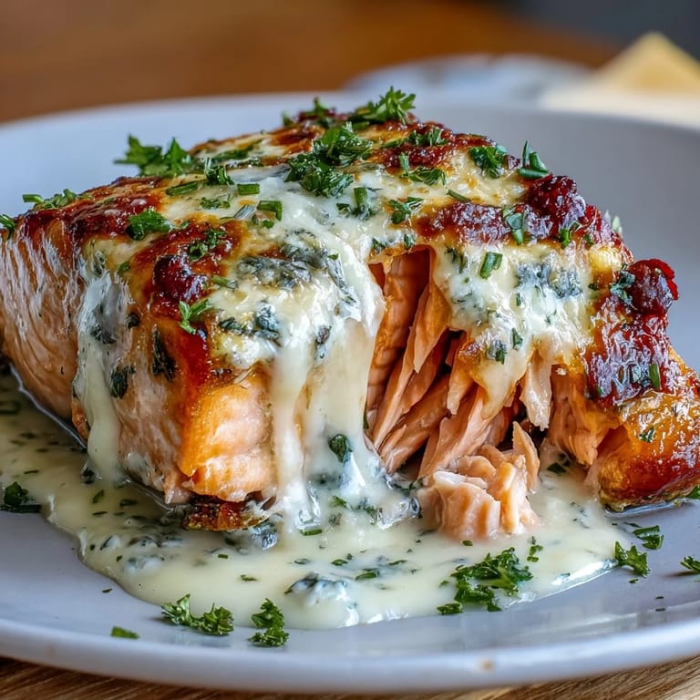 Creamy baked salmon with lemon butter sauce, featuring garlic, Parmesan, and fresh herbs, ideal for entertaining or family dinners.
