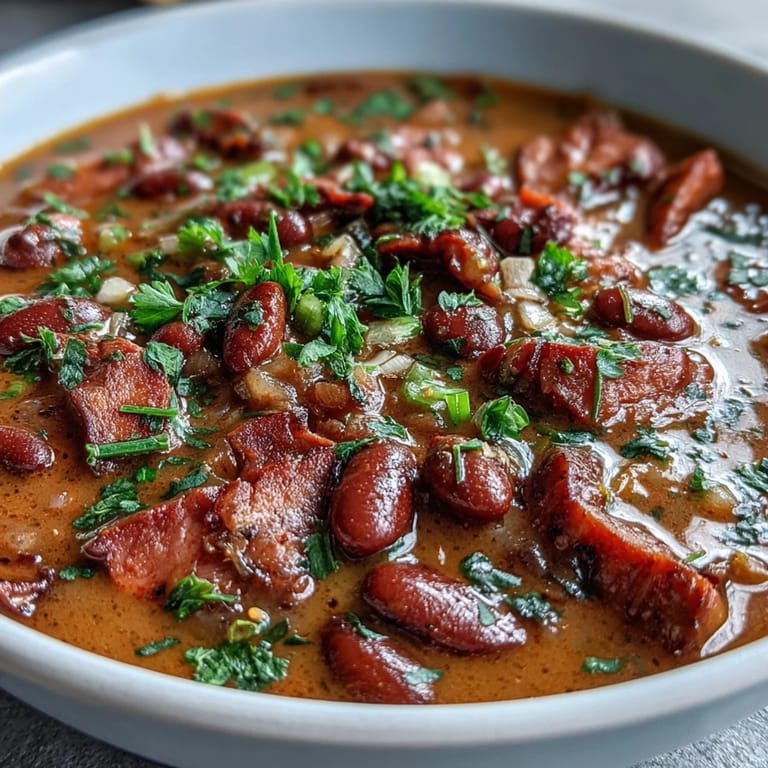 Slow-simmered Ham and Red Bean Soup with Creole spices and tender vegetables.