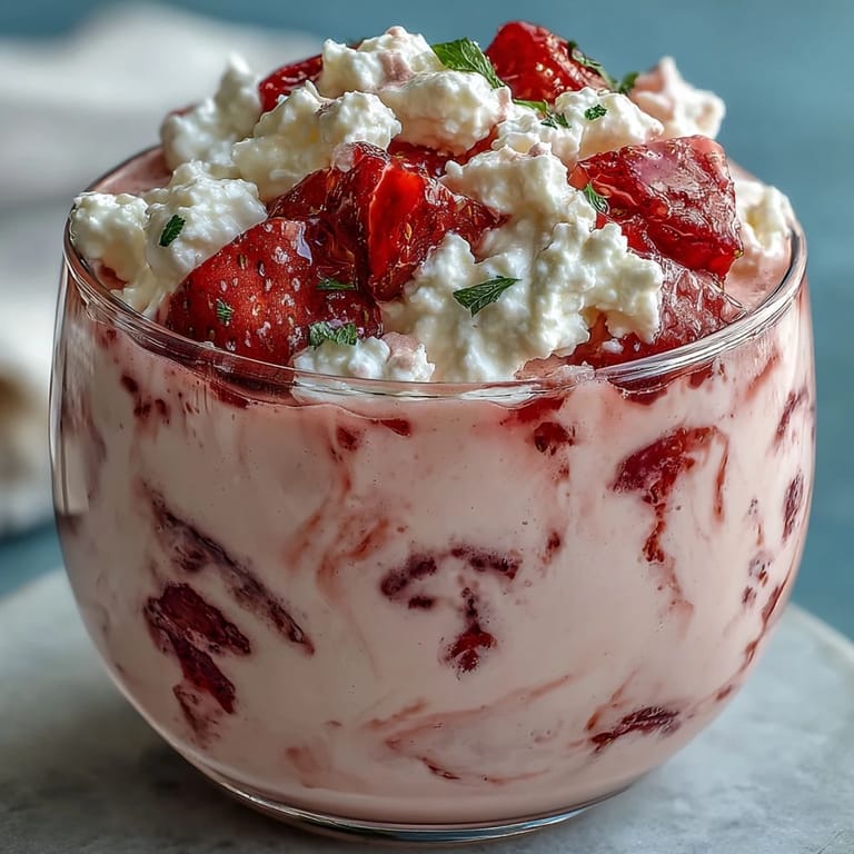 Refreshing and thick cottage cheese strawberry smoothie topped with fresh strawberry slices, perfect for a quick, healthy breakfast or snack.