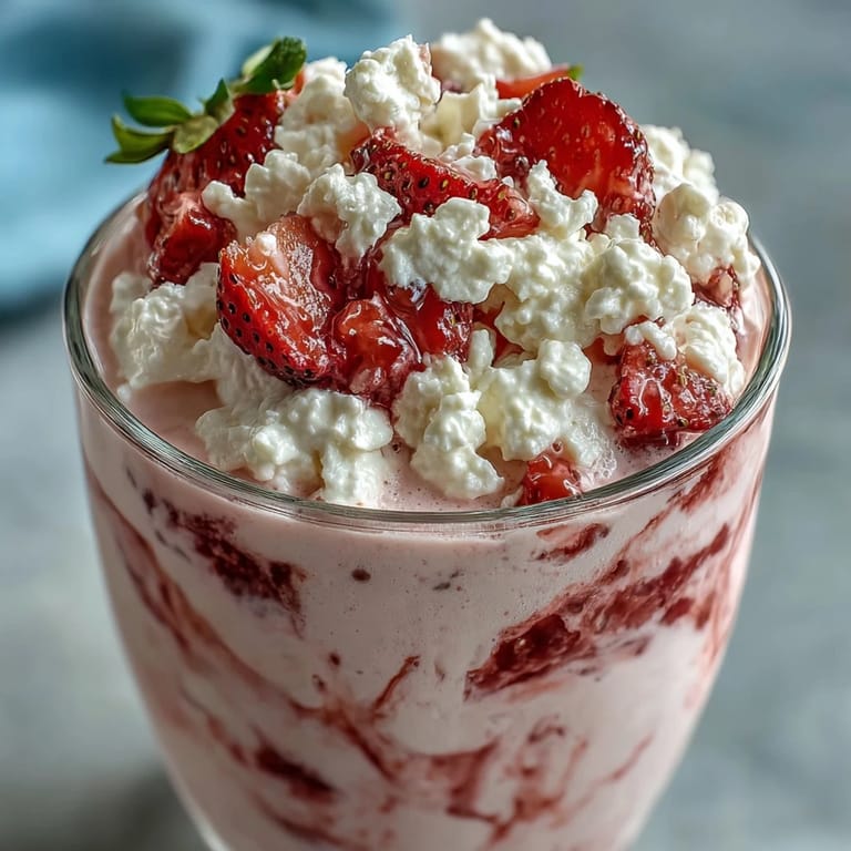 Velvety cottage cheese strawberry smoothie made with juicy strawberries and creamy cottage cheese, ideal for post-workout recovery or a nutritious treat.