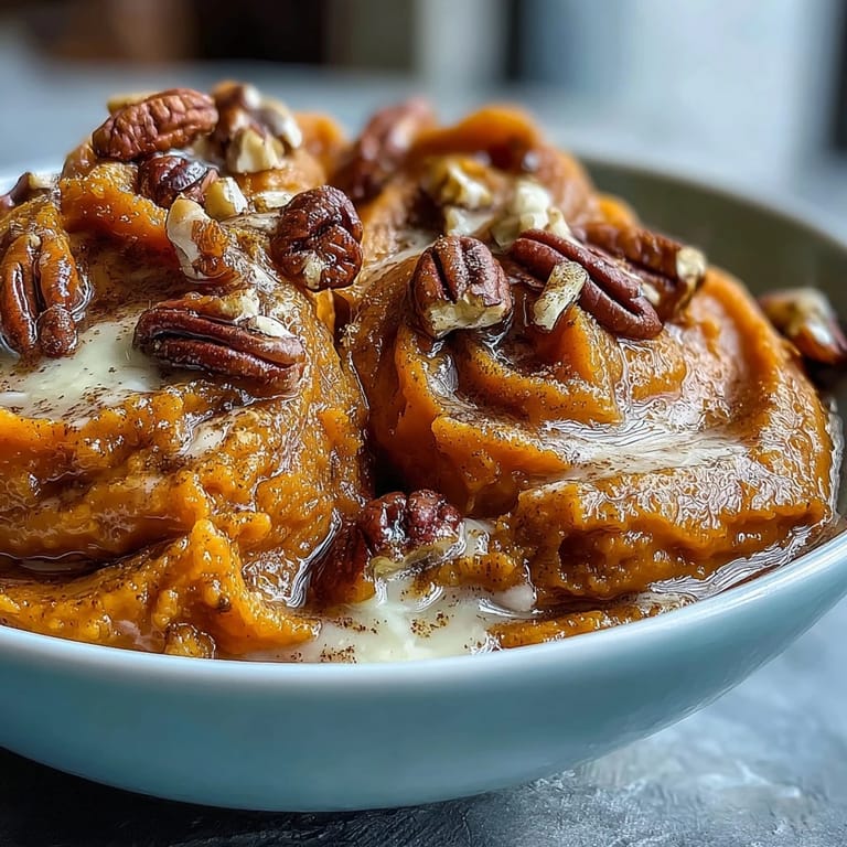 Creamy mashed yams blended with brown sugar, butter, and cinnamon, served in a rustic white bowl for comfort food.  